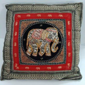 Vintage handmade elephant gold thread embroidered throw pillow sequin zipper